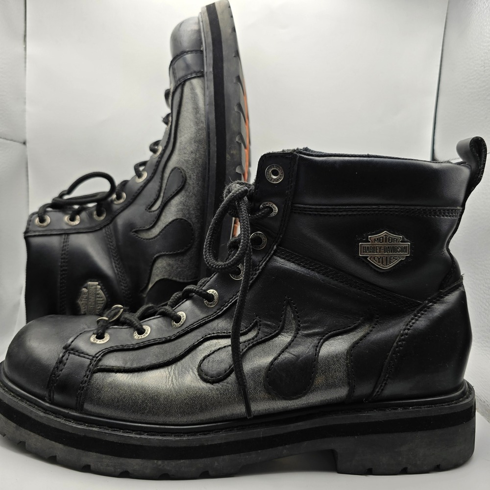 Harley Davidson Mens Black Leather Flame Boots Lace Up Biker 94096 Size 12